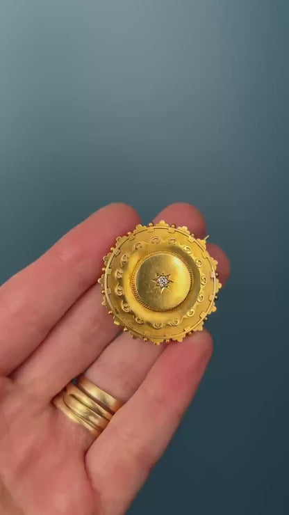 Antique Victorian Mourning Brooch | 15ct Yellow Gold | Old Cushion Cut Diamond | Star Set | Late 19th Century Jewellery
