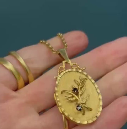 Mid-Century 9ct Solid Gold Floral Sapphire Locket Pendant Photo Keepsake