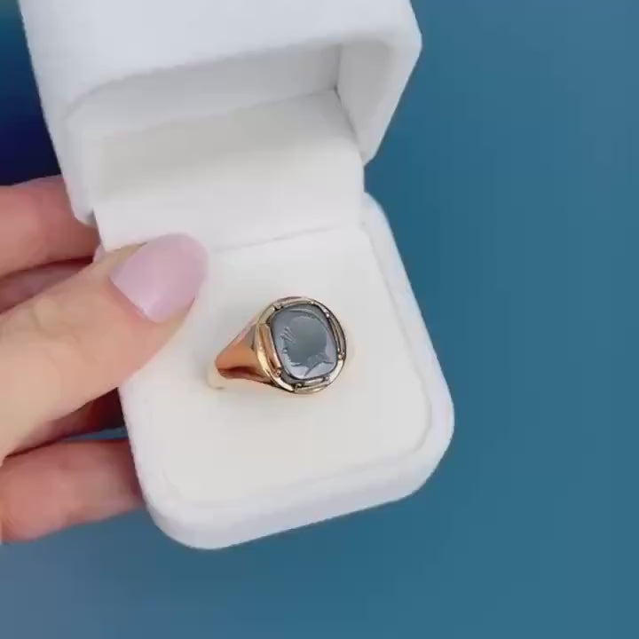 Vintage Mid-Century 1960s Ring, Mens Birmingham Rectangle Carved Hematite Signet Ring, Centurion Intaglio, Solid Gold Chunky Jewelry 9ct, 9K