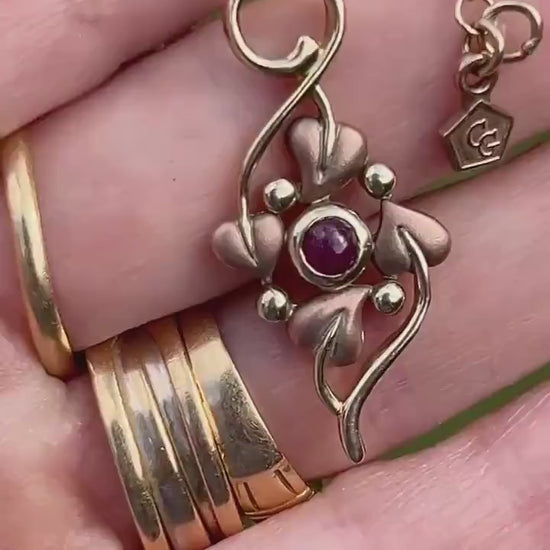 Vintage 9ct Clogau Welsh Gold Ruby Necklace - Celtic Leaves Jewellery July Birthstone
