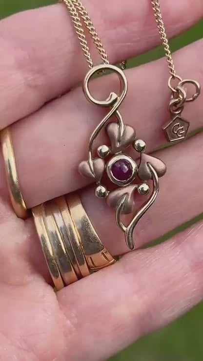 Vintage 9ct Clogau Welsh Gold Ruby Necklace - Celtic Leaves Jewellery July Birthstone