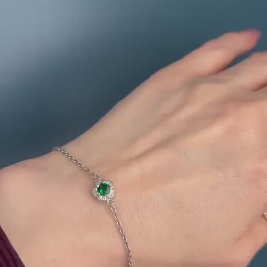 Sterling Silver Emerald Green Crystal Flower Charm Bracelet, Dainty Chain Bracelet with Flower, Stacking Bracelet Jewelry - May Birthstone