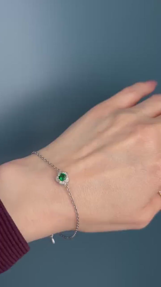 Sterling Silver Emerald Green Crystal Flower Charm Bracelet, Dainty Chain Bracelet with Flower, Stacking Bracelet Jewelry - May Birthstone