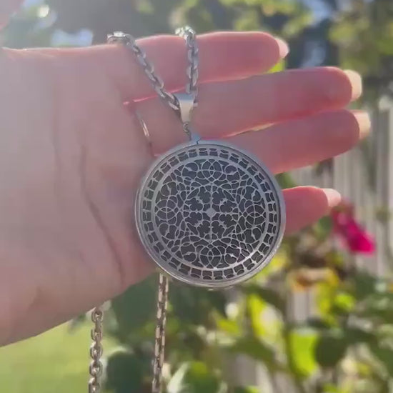 Vintage Silver Medallion Necklace, Chunky Filigree Silver Onyx Retro Necklace, 24" Chunky Chain,  80s London Made Silver Jewelry, Rare Find.