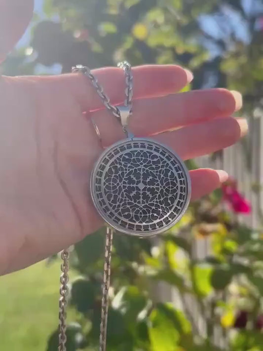 Vintage Silver Medallion Necklace, Chunky Filigree Silver Onyx Retro Necklace, 24" Chunky Chain,  80s London Made Silver Jewelry, Rare Find.