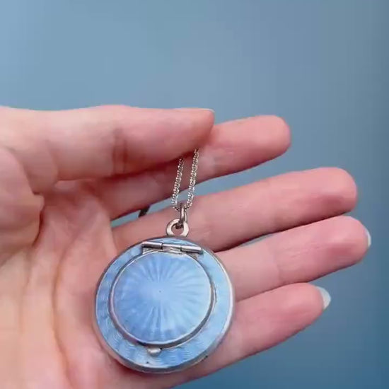 Antique French Real Silver Blue Guilloche Enamel Compact Pendant - Original Mirror: Circa 1890. Rare Item Antique Locket Silver - Collectors