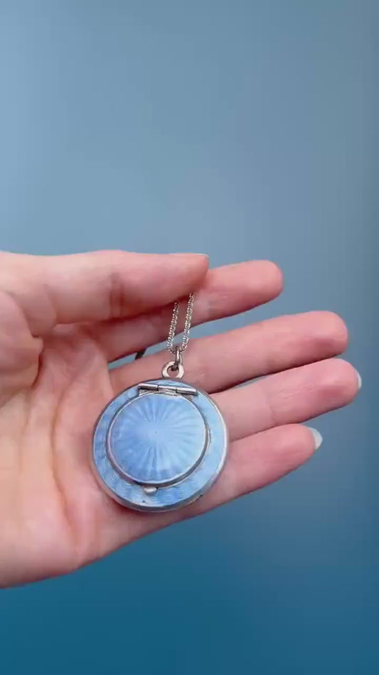 Antique French Real Silver Blue Guilloche Enamel Compact Pendant - Original Mirror: Circa 1890. Rare Item Antique Locket Silver - Collectors